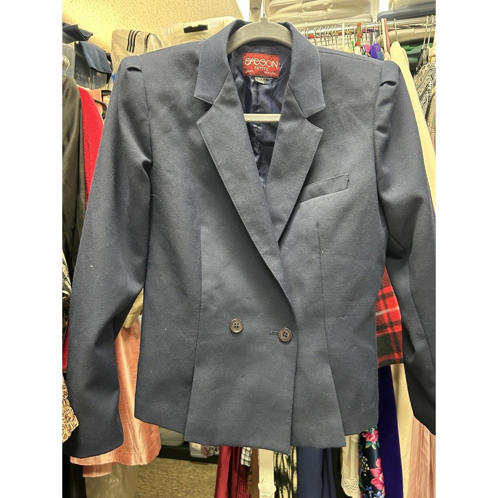 VTG 70s Sasson New York Paris Navy Blazer Jacket Sz 6/7 Petite Two Button